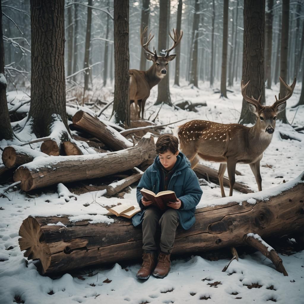 Boy Reading to Deer in Snowy Forest