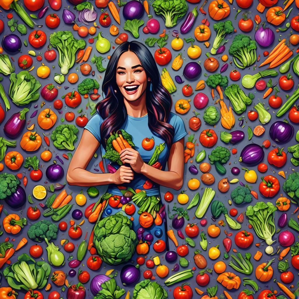 Megan Fox Surrounded by Vegetables in Pixar Style
