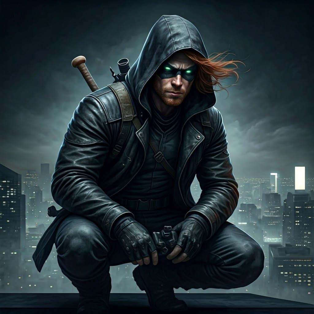 Vigilante on Skyscraper in Neo-Noir Style