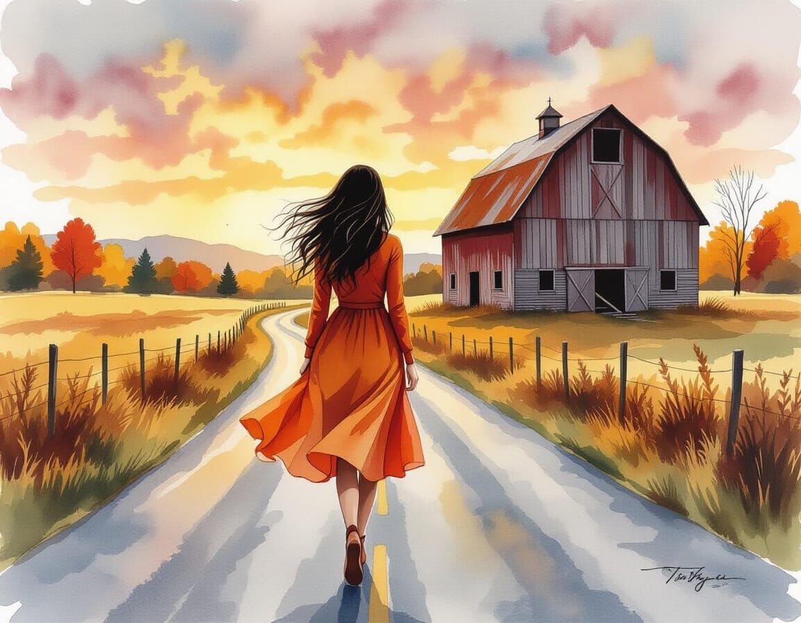 Woman in Fall Dress Walks Rural Road Near Barn