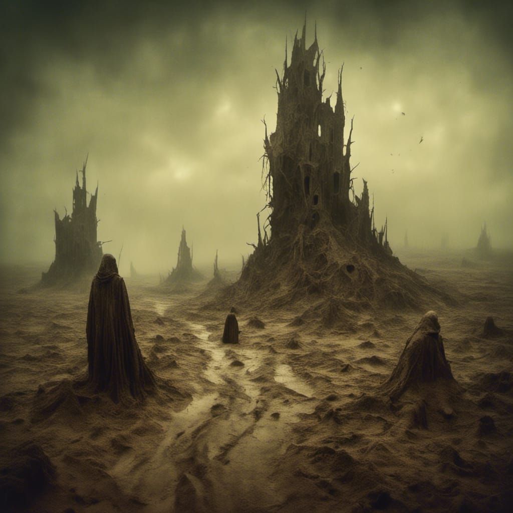 Beksiński-Inspired Surreal Landscape with Hourglasses