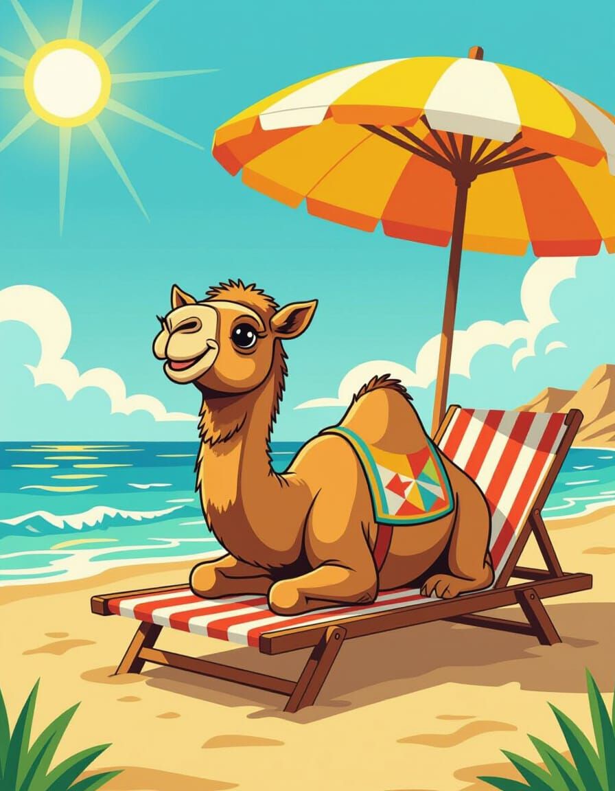 Cute Camel Sunbathing on Beach Chair in Comic Style