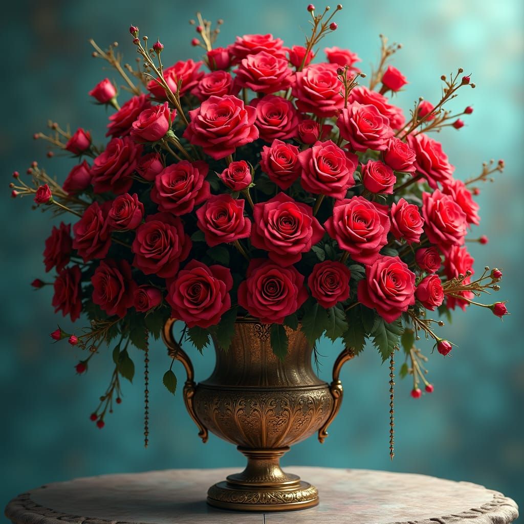 Lush Red Roses Overflowing from Ornate Vase