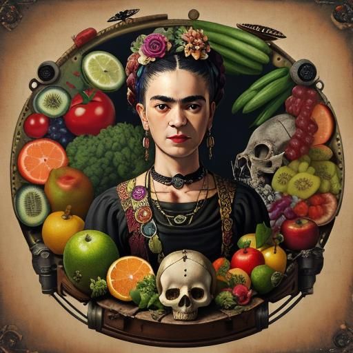 Frida Kahlo Angel Skull Still Life with Steampunk