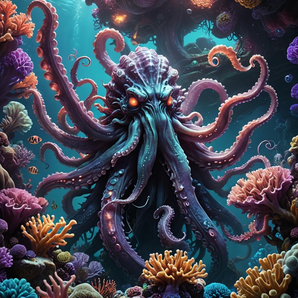 Kraken Emerges from Coral Reef in Fantasy Style