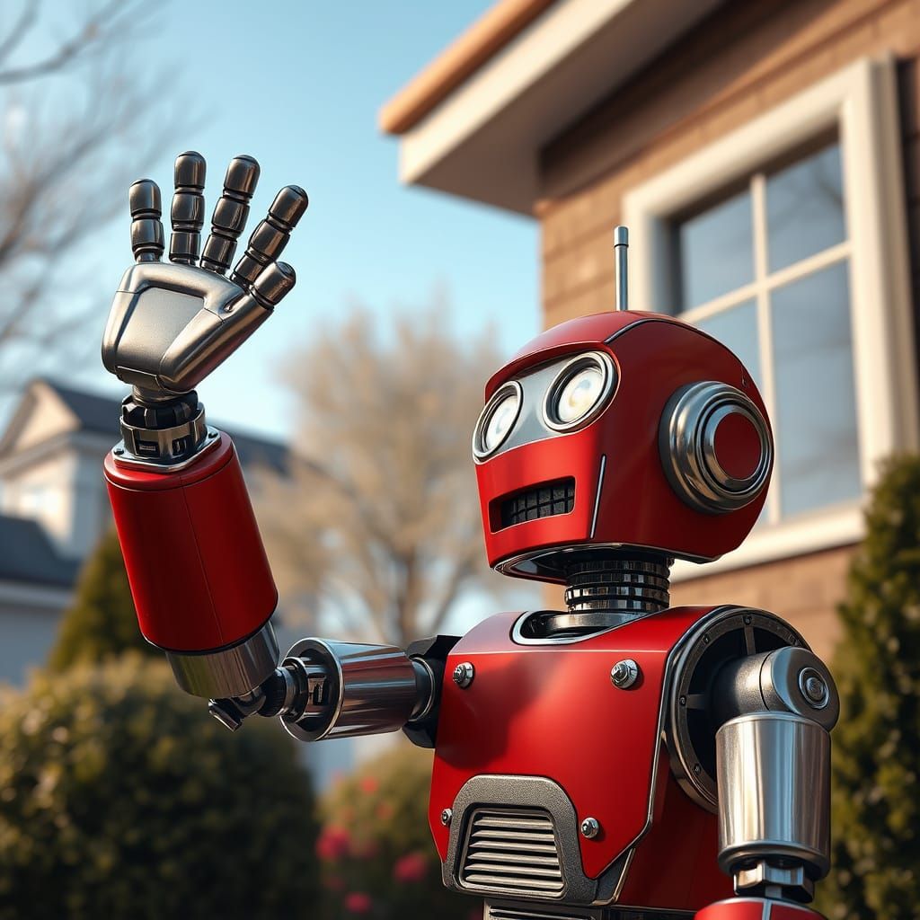 Friendly Robot Waves to Neighbor: Photorealistic Image