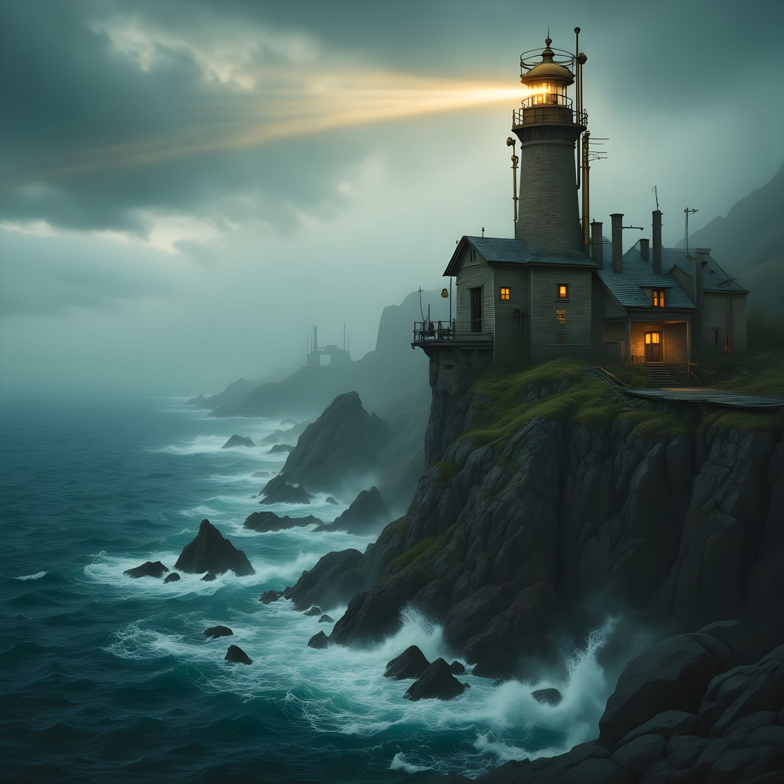 Steampunk Lighthouse on Stormy Cliff