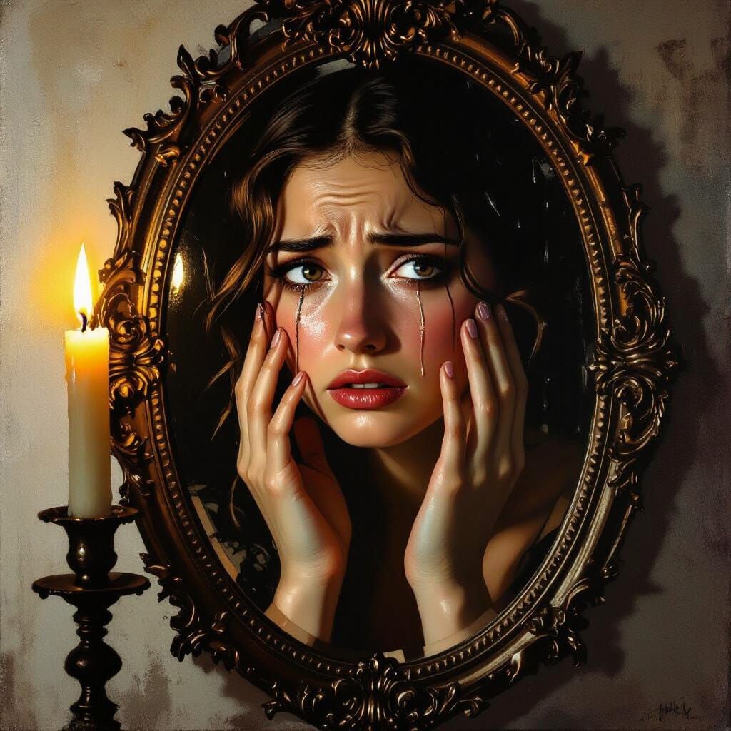 Sad Woman Gazes into Ornate Mirror with Tears