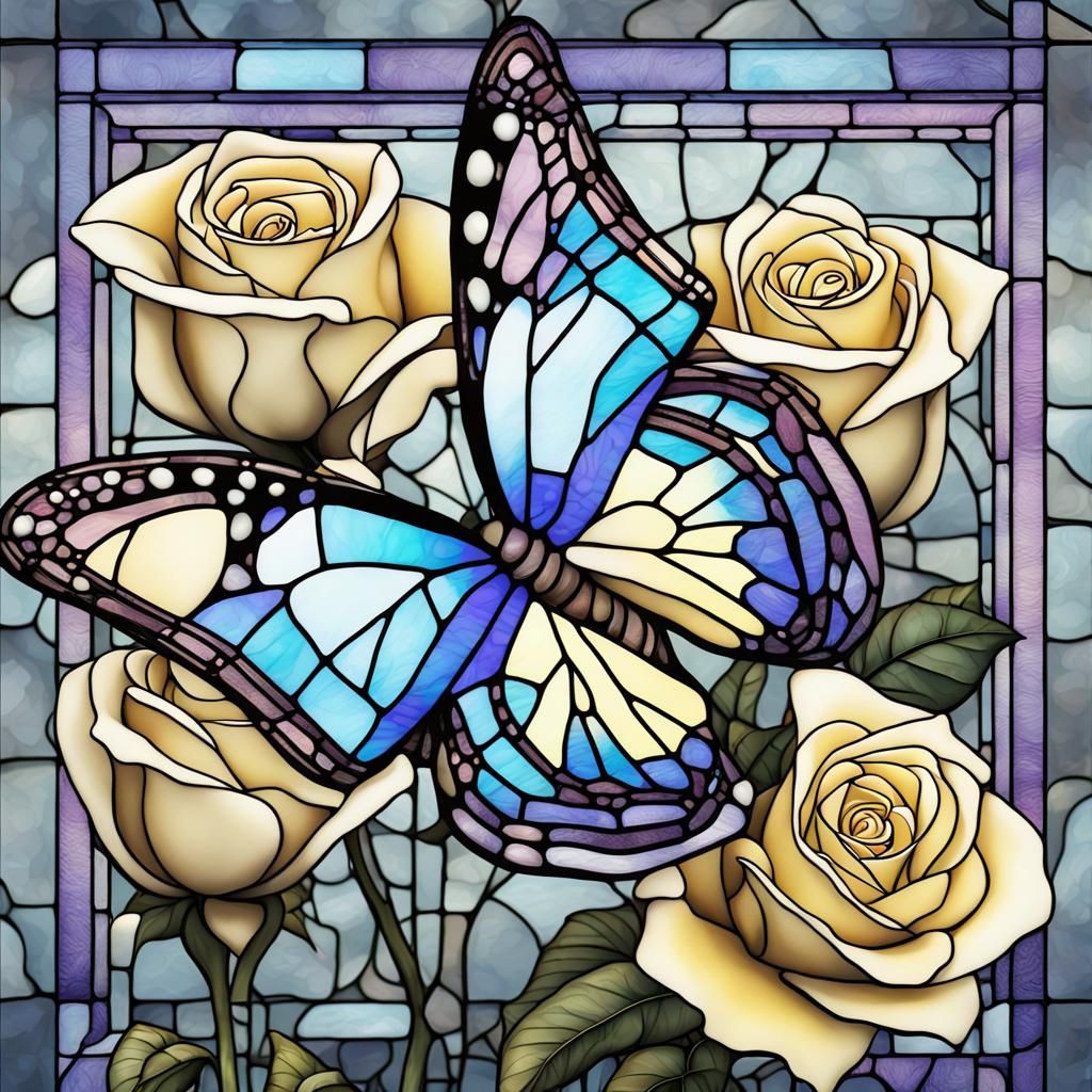 Stained Glass Butterfly on Dewy Rose: Photorealistic Art