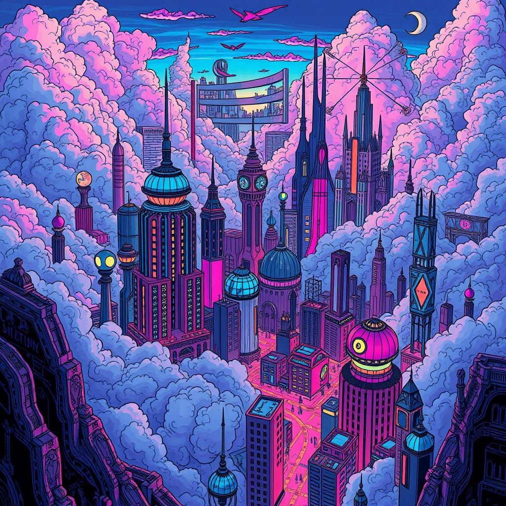 Cloud Cityscape in Hyper Surreal Hand-Drawn Style