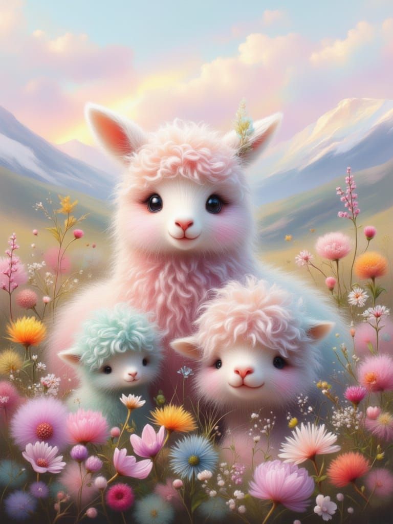 Pastel Alpacas Frolicking in Wildflowers