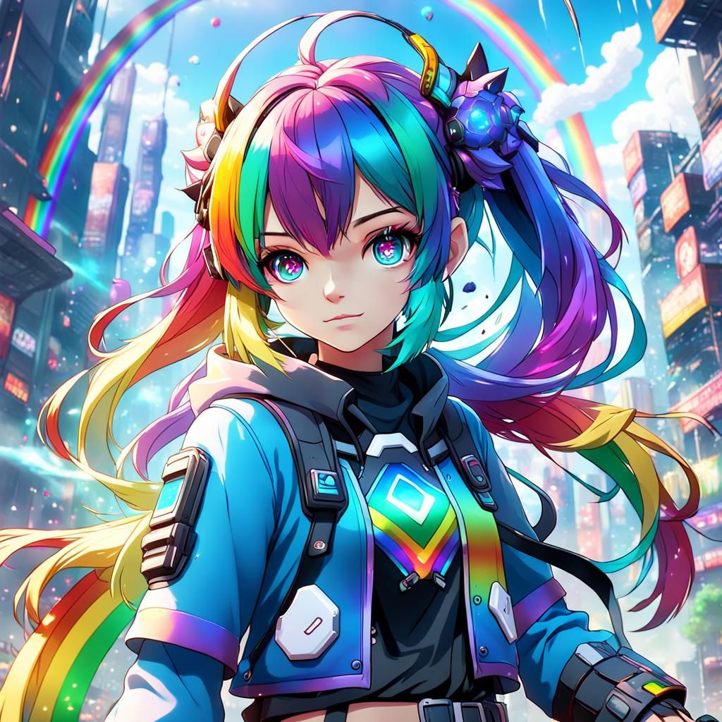 Anime Rainbow Gamer Girl in Detailed Matte Painting