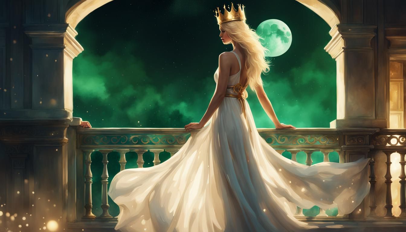 Woman in Emerald Crown Dissolving in Moonlight