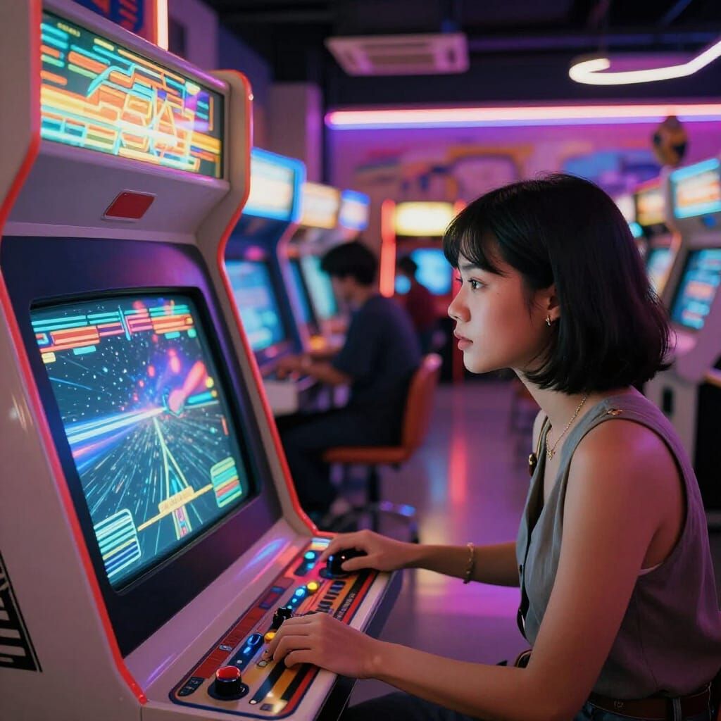 1980s Arcade Scene with Woman Playing Space Game