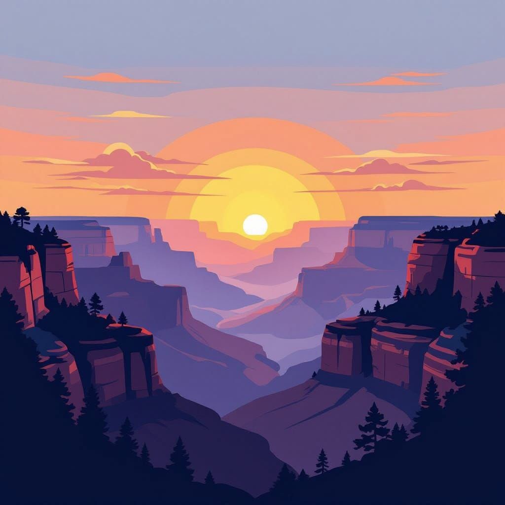 Grand Canyon Sunset Landscape in Geometric Silhouettes