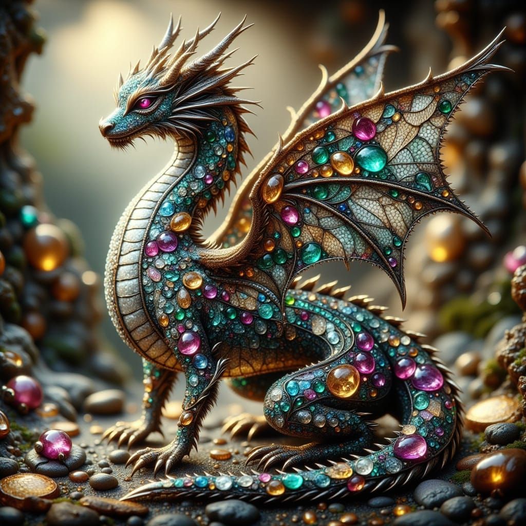 Gem-Encrusted Metal Dragon in Detailed Fantasy Art