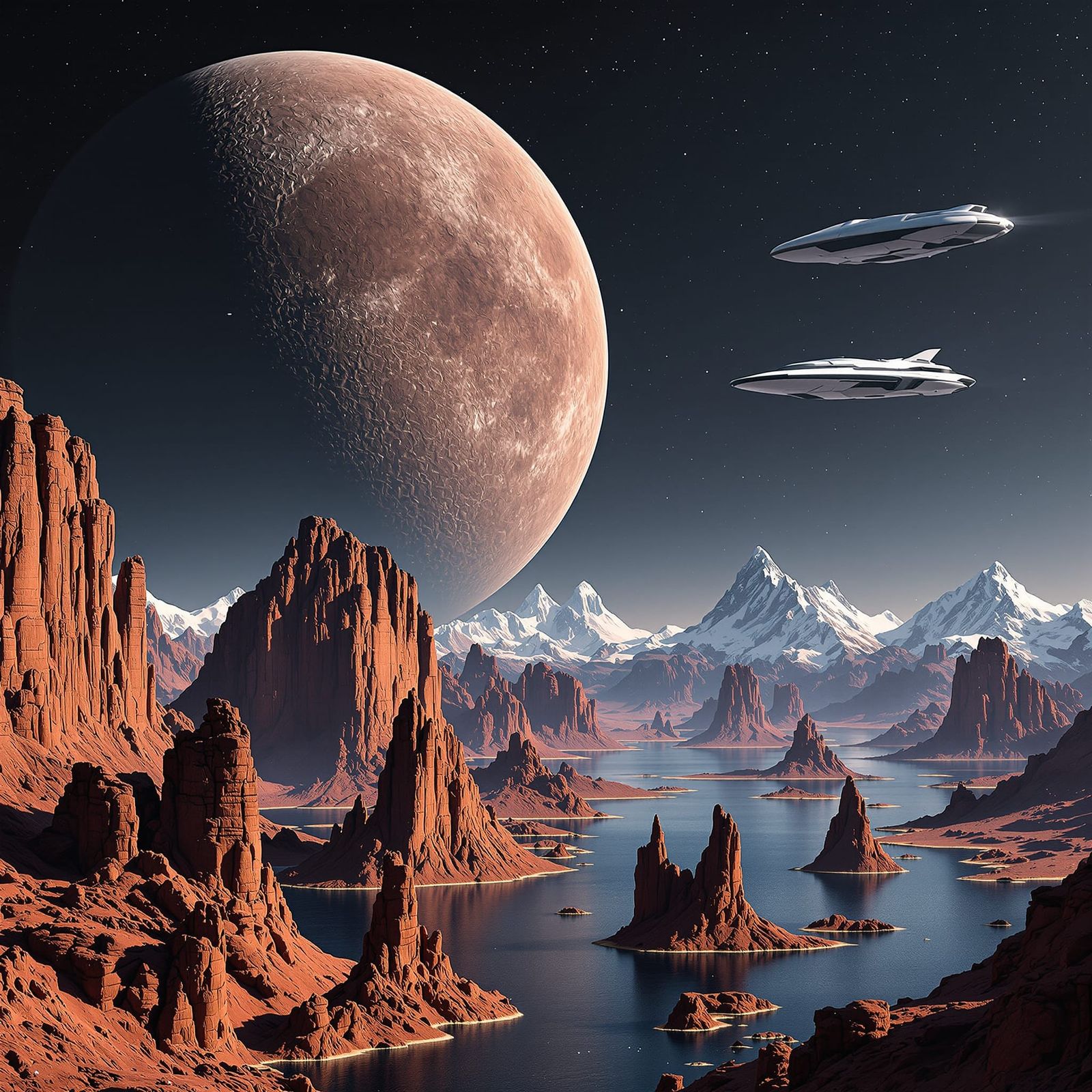 Alien Landscape Under Giant Cratered Moon
