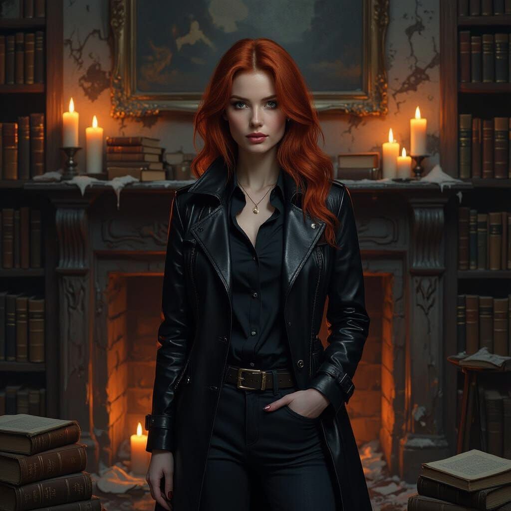 Photorealistic Red Haired Woman in Leather Trench