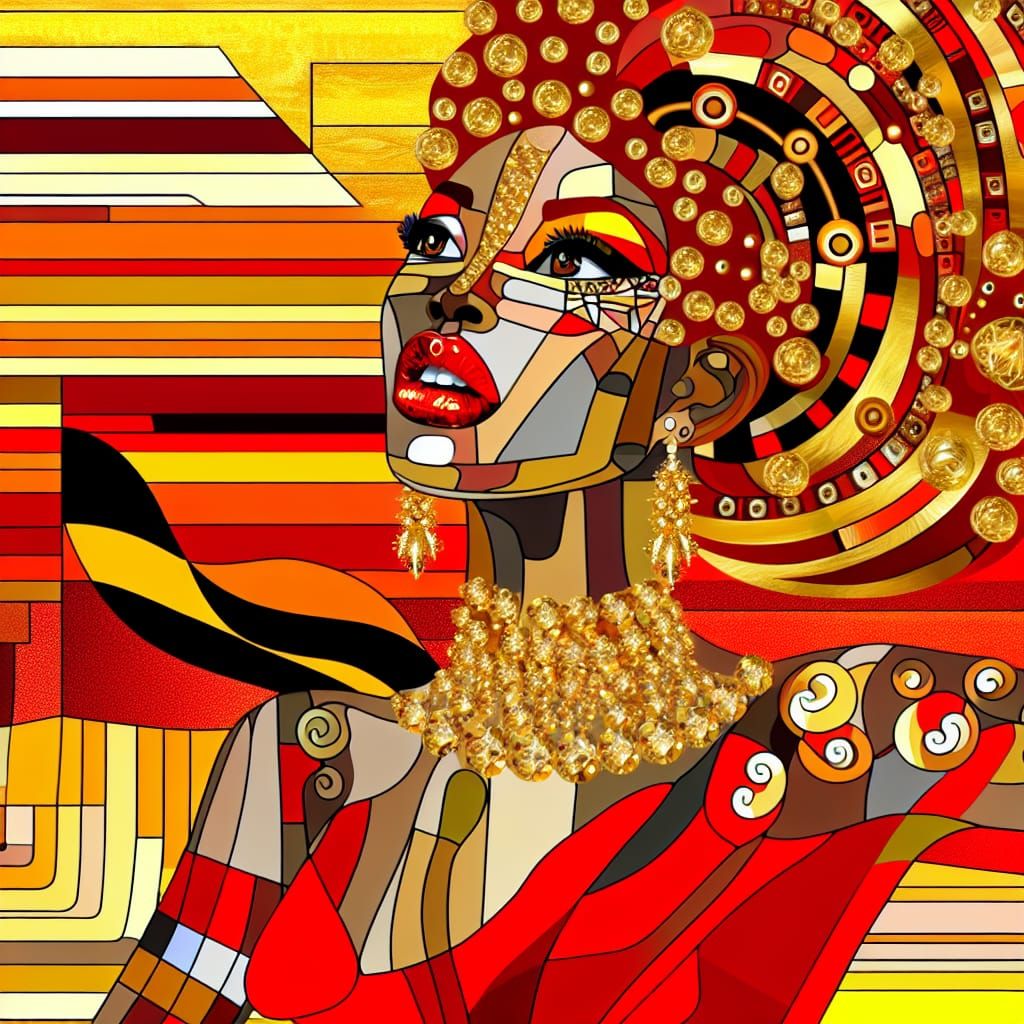 Radiant Woman with Gold Jewels in Abstract Style
