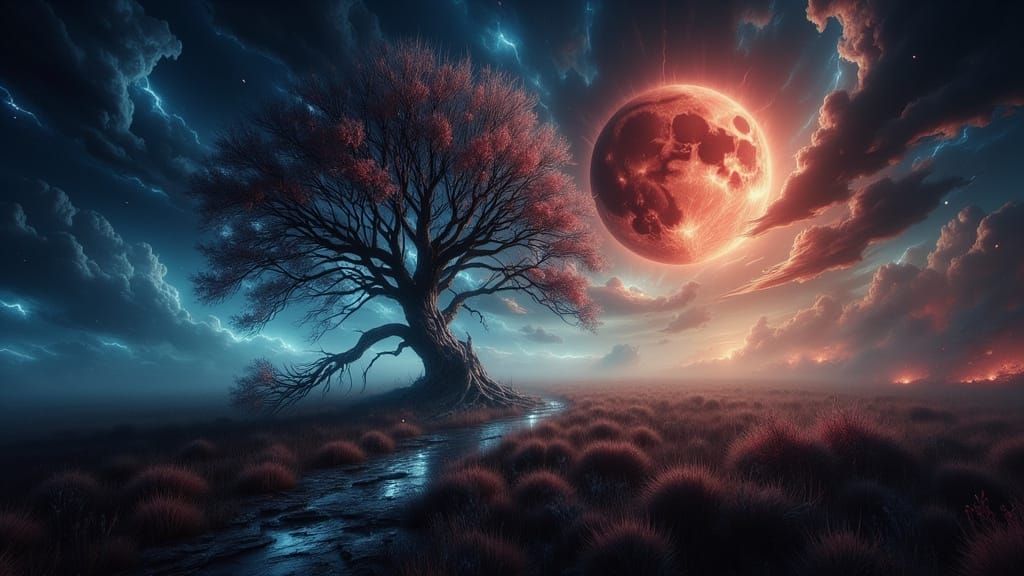 Gothic Tree Under Blood Moon in a Resplendent Field