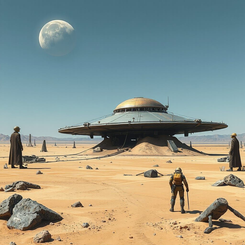 Robotic Archaeologists Excavate Derelict UFO on Alien Desert