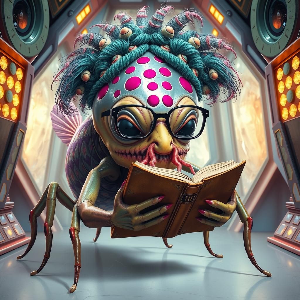 Bizarre Alien Reads Book in Surreal Setting