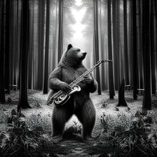 Bear Playing Saxophone in Forest: Black and White
