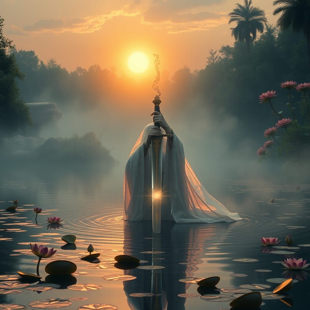 Ethereal Woman Rises from Lake with Excalibur