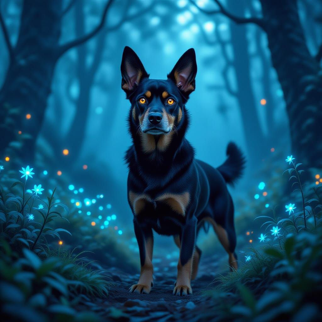 German Pinscher Stands Guard in Bioluminescent Forest