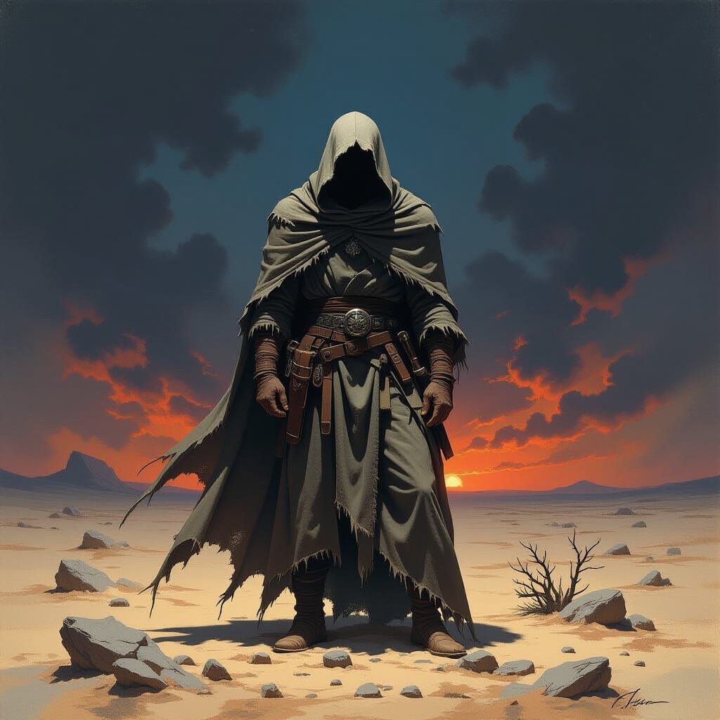 Lone Figure on Desolate Plain in Heroic Fantasy Art