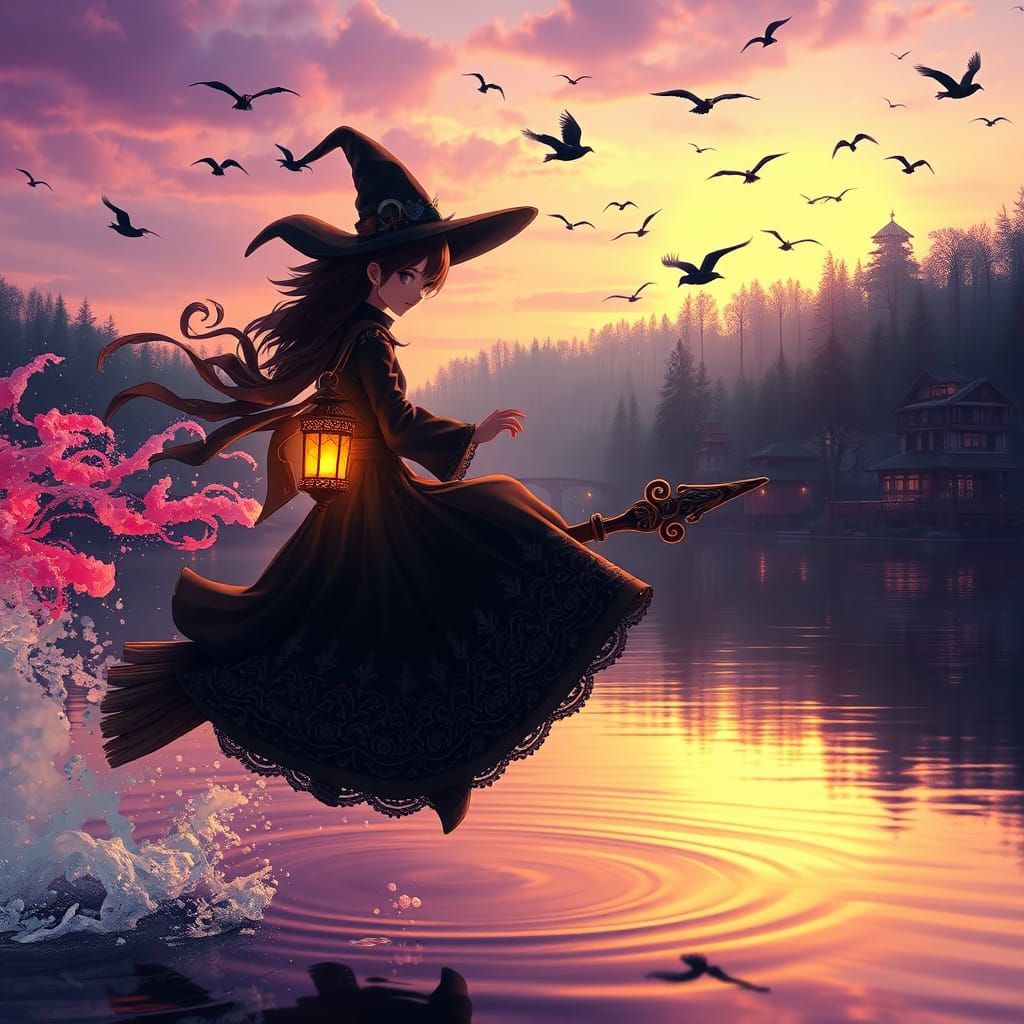 Whimsical Witch Splashing in River: Genshin Impact Style