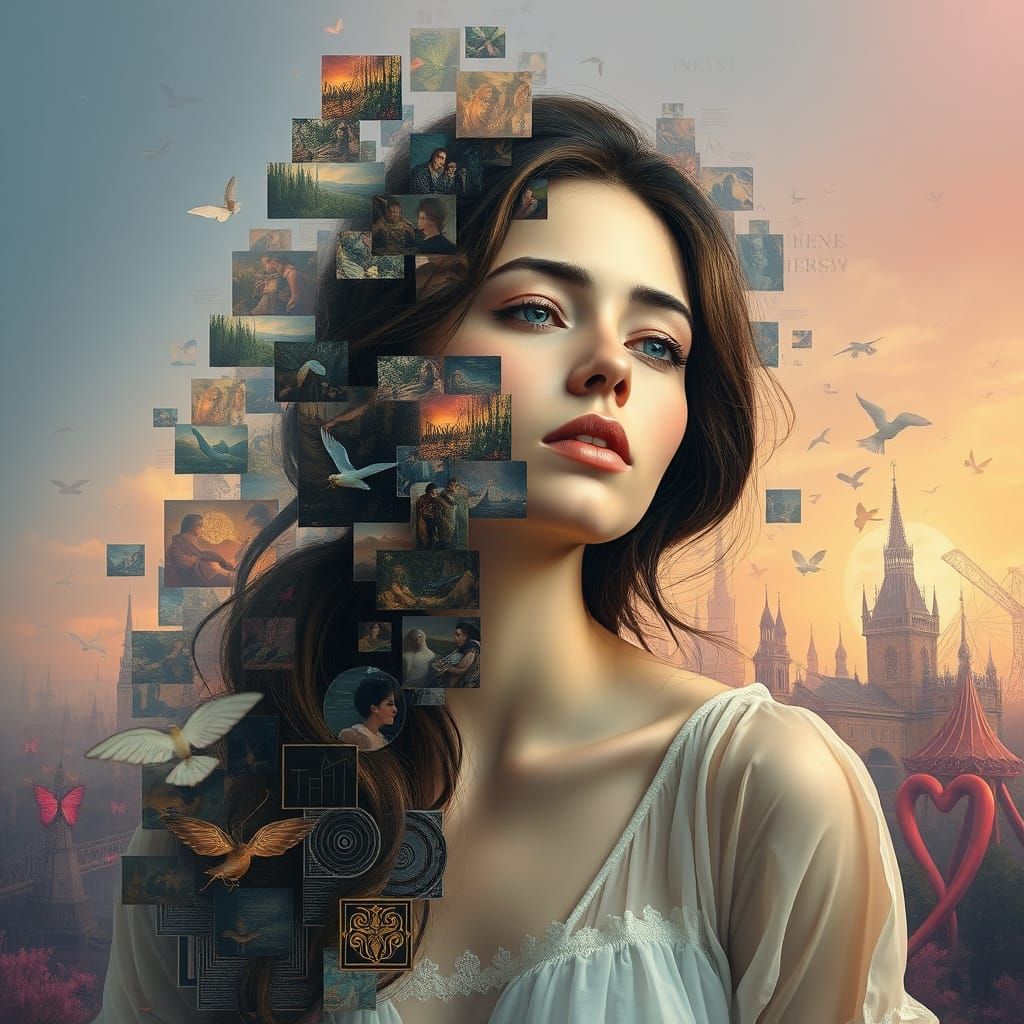 Woman in Thought Surrounded by Fragmented Images