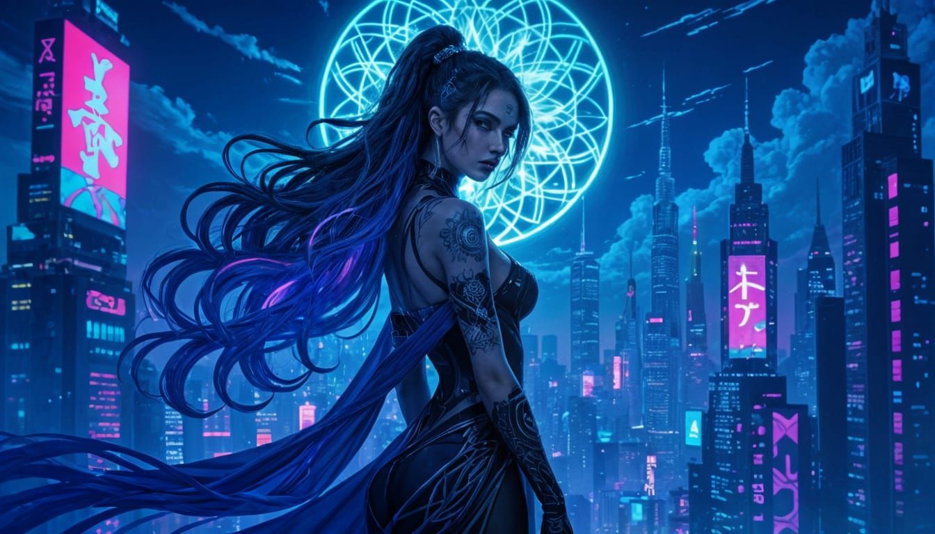 Cyberpunk Goddess with Bioluminescent Hair