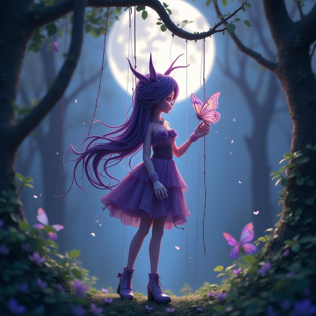 Amethyst Marionette Puppet in Moonlit Forest: 3D Anime Art