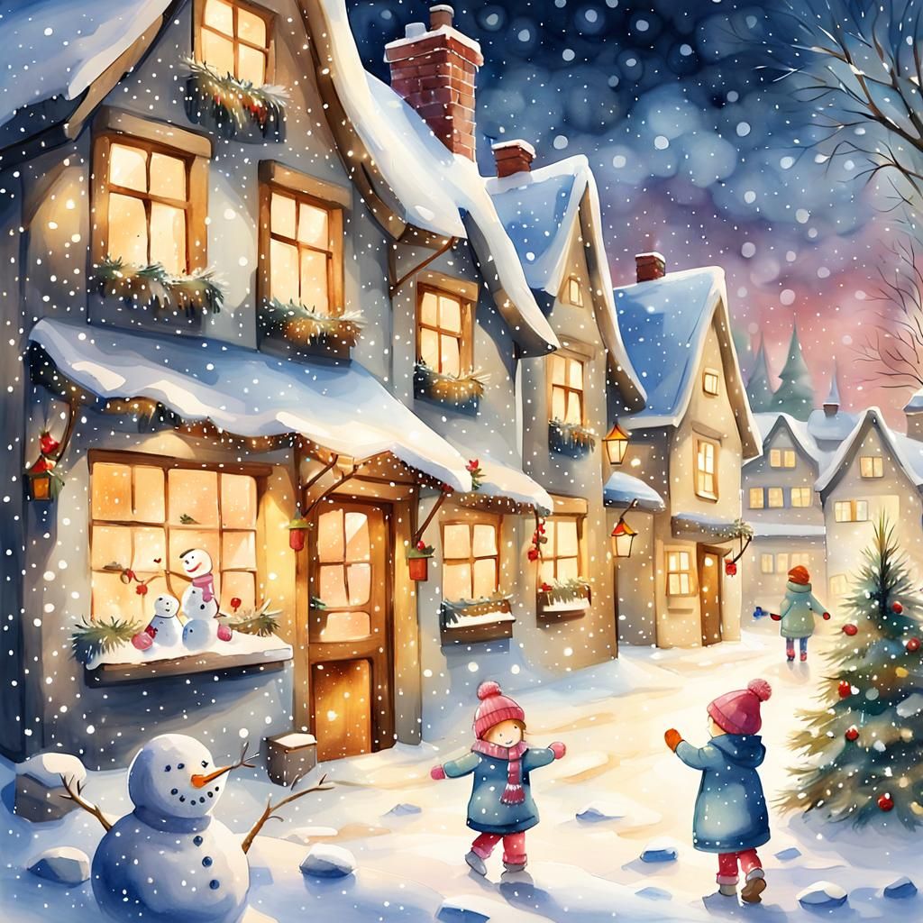 Whimsical Watercolor Winter Wonderland Scene