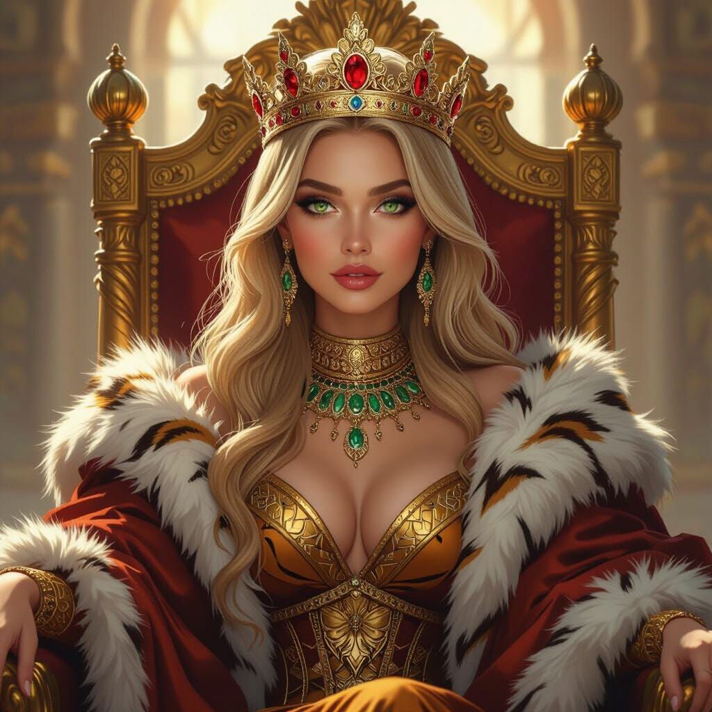 Regal Woman on Golden Throne in Egyptian-Victorian Style