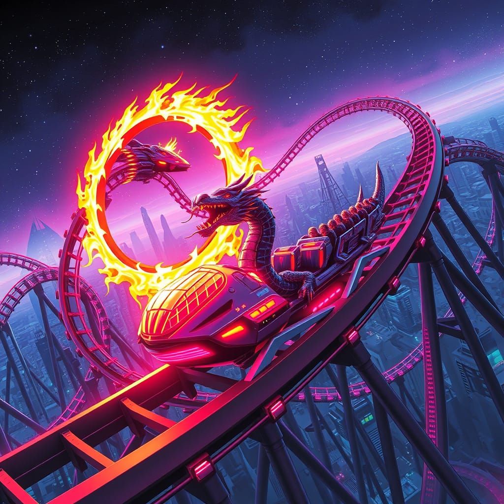 Cyberpunk Rollercoaster Blazes Through Starry Night Sky