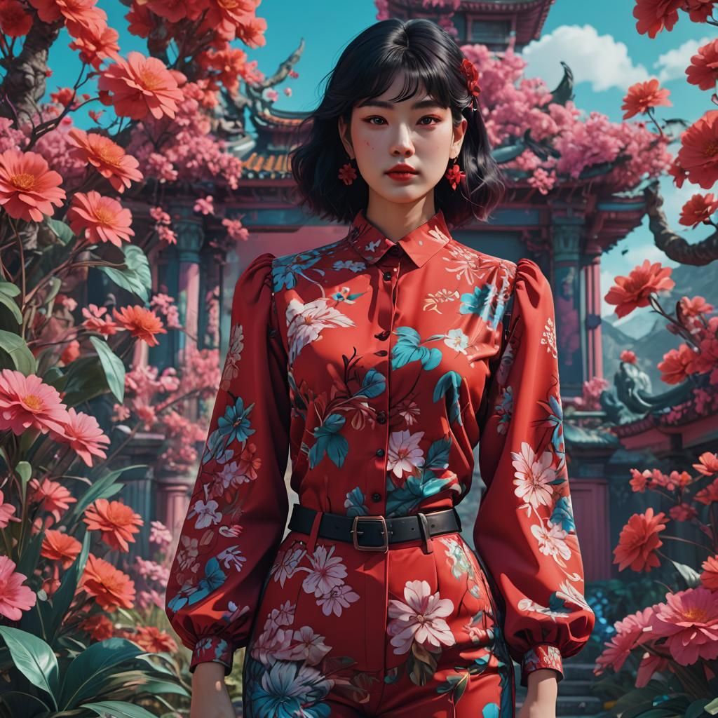 Vaporwave Red Floral Blouse: Detailed Matte Painting