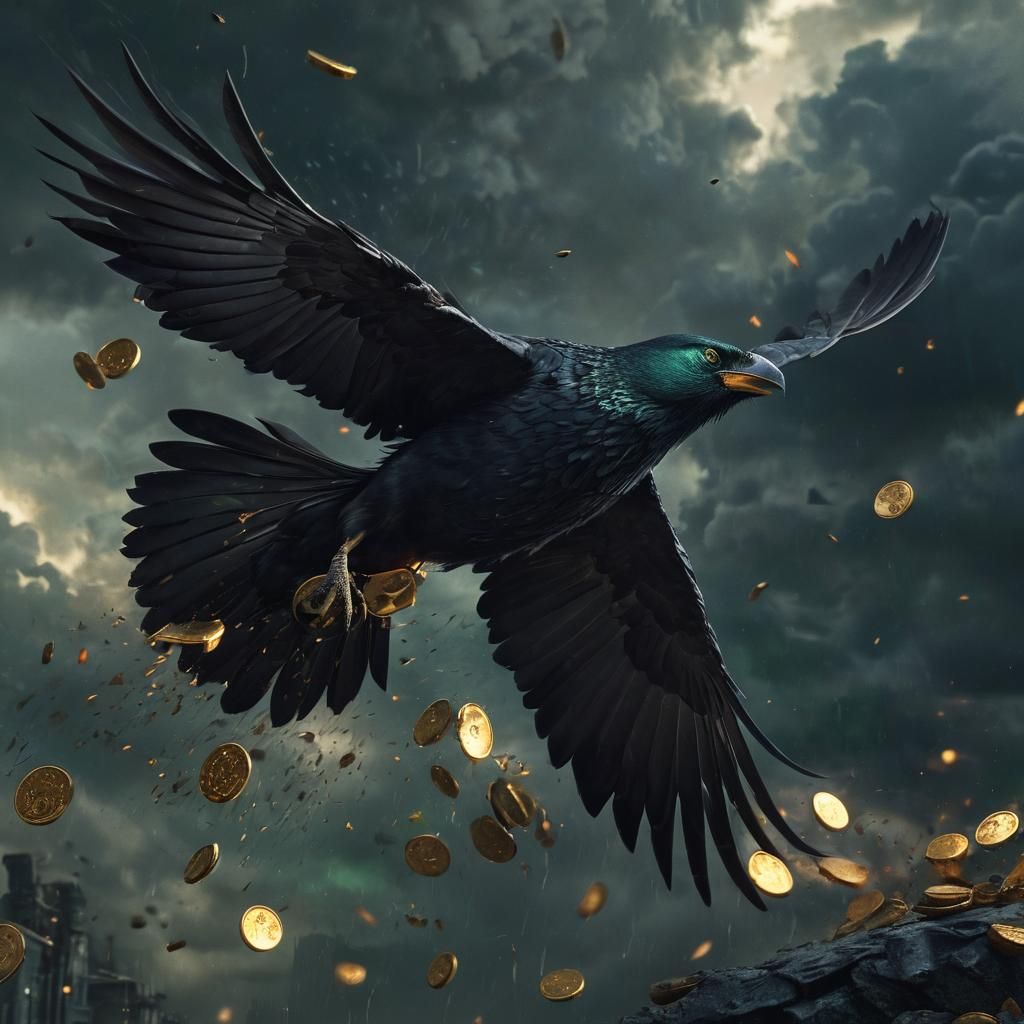 Furious Black Bird in Storm of Gold, Dark Fantasy Art