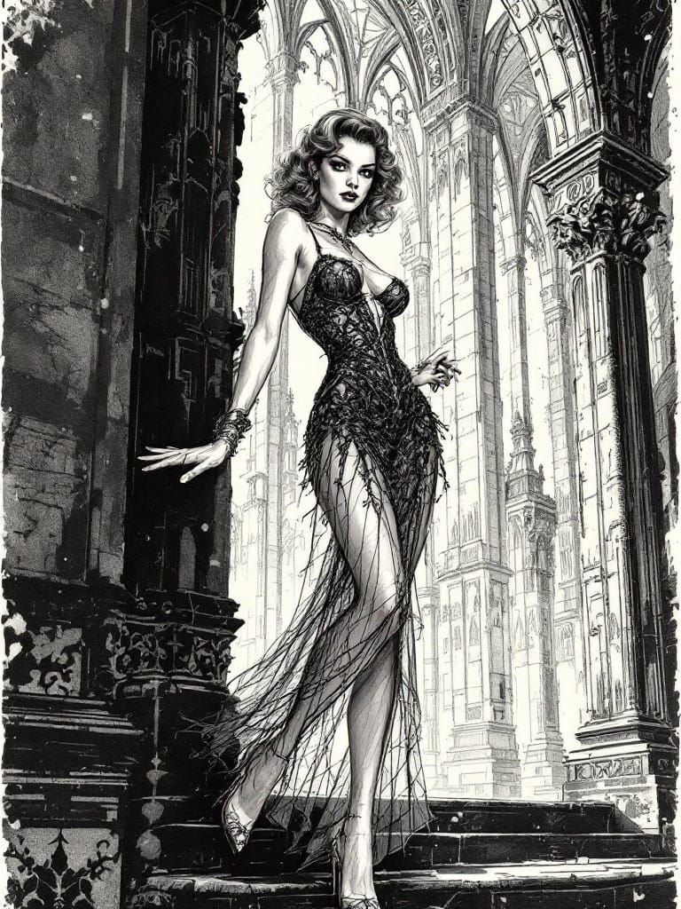 Gothic Pin-Up in Pen and Ink Illustration Style