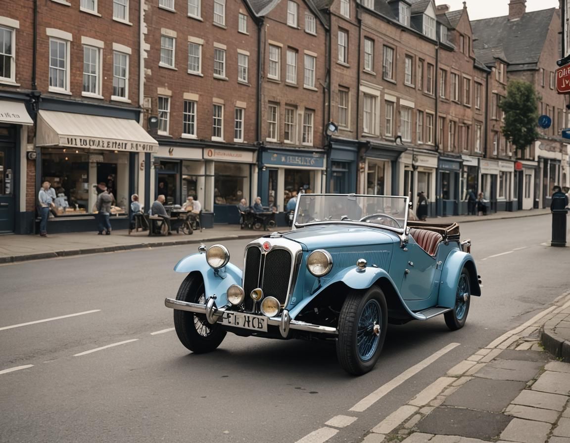 Light blue 1936 MG P-Type Midget in a town