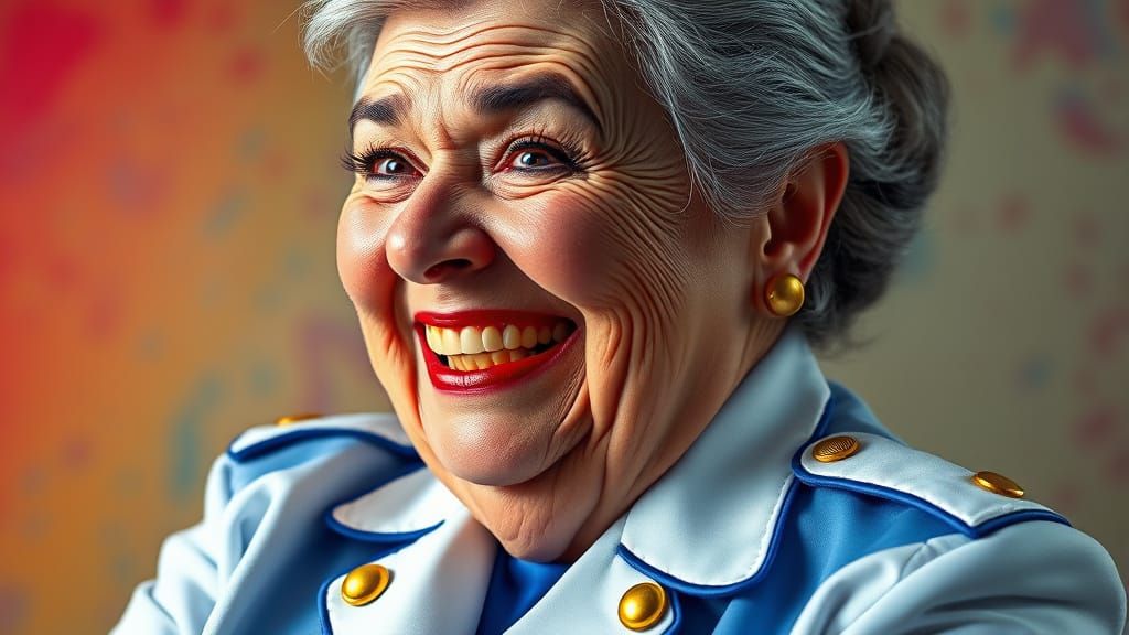 Elderly Woman in Vibrant Uniform with Exaggerated Makeup