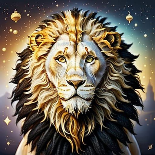 Whimsical White Lioness Under Starry Skies in Golden Light