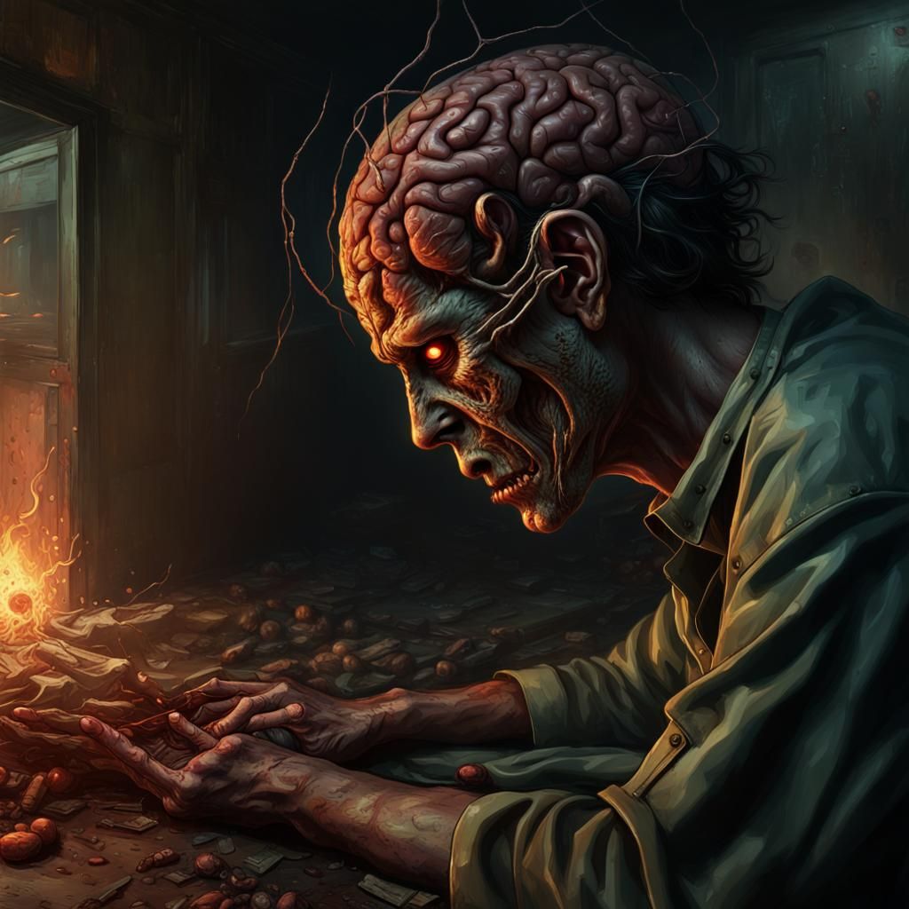Mutated Man in Decaying Room: Dark Fantasy Concept Art