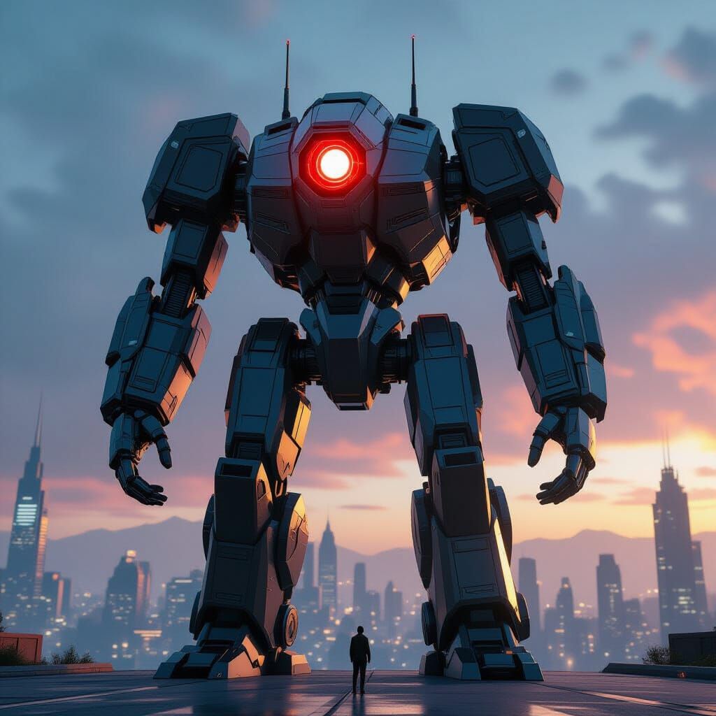 Giant Mech Overlooking Futuristic Cityscape
