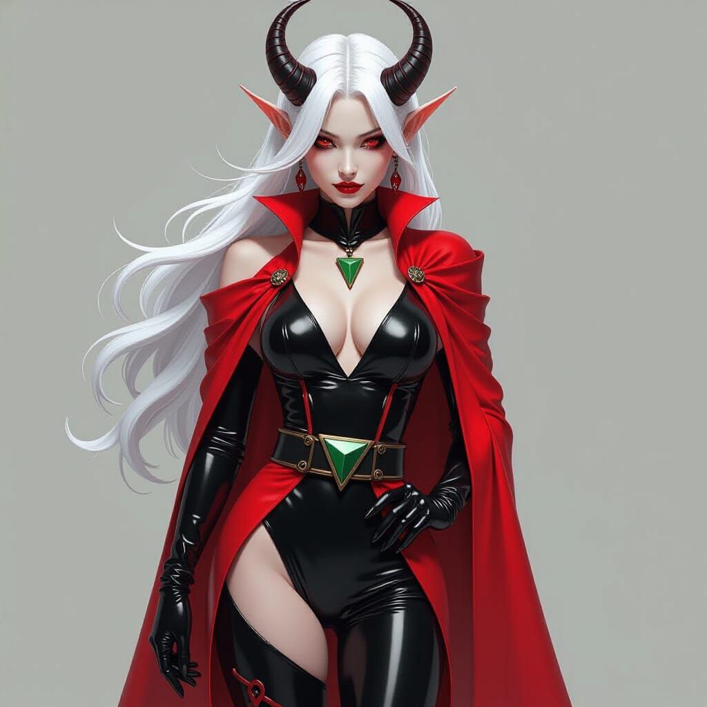 Futuristic Tiefling with Asian Features in Sleek Latex Suit