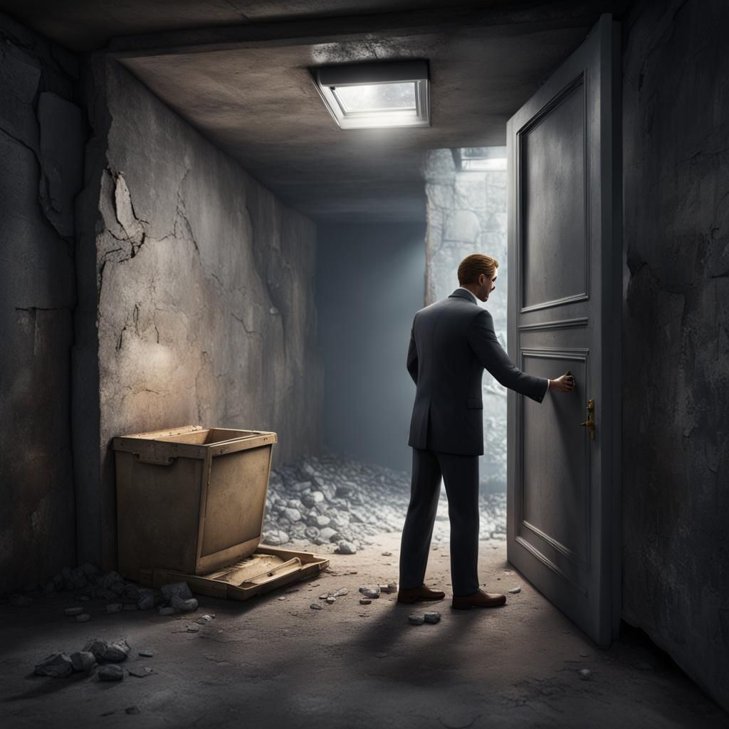 Man in Suit Opens Basement Door to Freezer