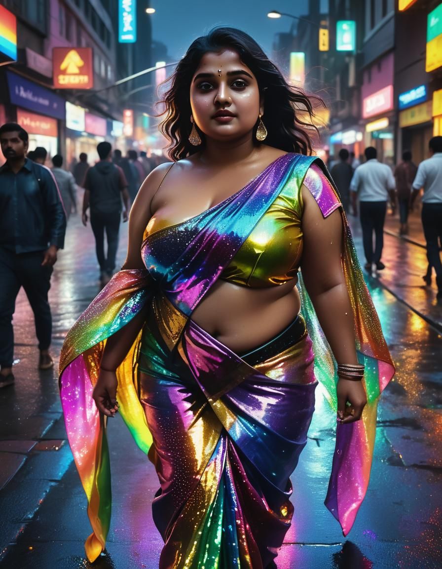 Curvy Woman in Rainbow Saree, Neon Cityscape