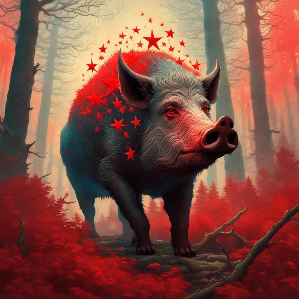 Dire Boar with Red Stars in Surreal Forest