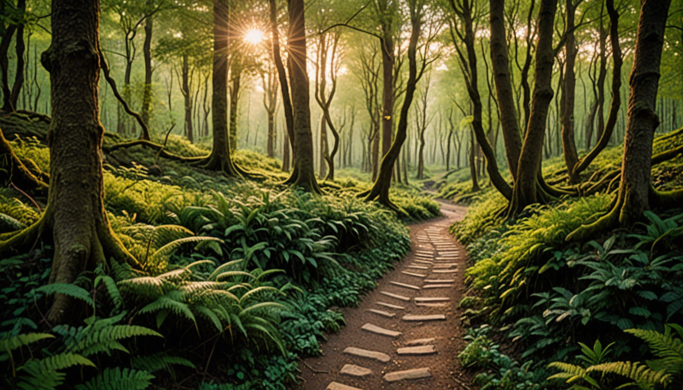 Whimsical Forest Realm Emerging from the Morning Mist